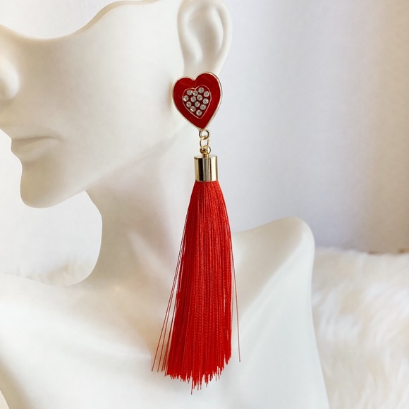 NWT Red Heart Tassel Earrings – Rhinestone Red Heart Center - Picture 2 of 5